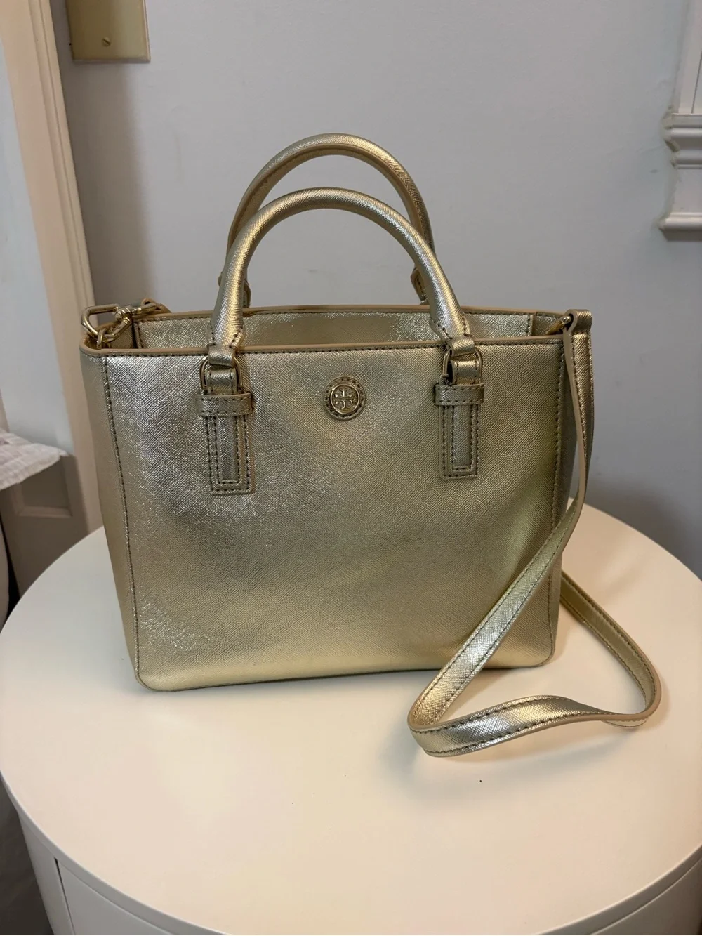 Tory Burch Metallic Gold Small Leather Satchel with Crossbody Strap